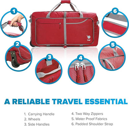 Bago Rolling Duffle Bag with Wheels - 31" 120L Foldable Weekender Bag, Waterproof Travel Duffel Bag, Heavy Duty Lightweight Duffle Bag for Traveling, Rolling Duffel Bag with Wheels (Red2023)