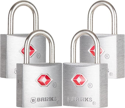 BRINKS TSA Approved Padlock, 22mm Aluminum, TSA Locks for Luggage, Chrome-Plated with Hardened Steel Shackle, 4-Pack
