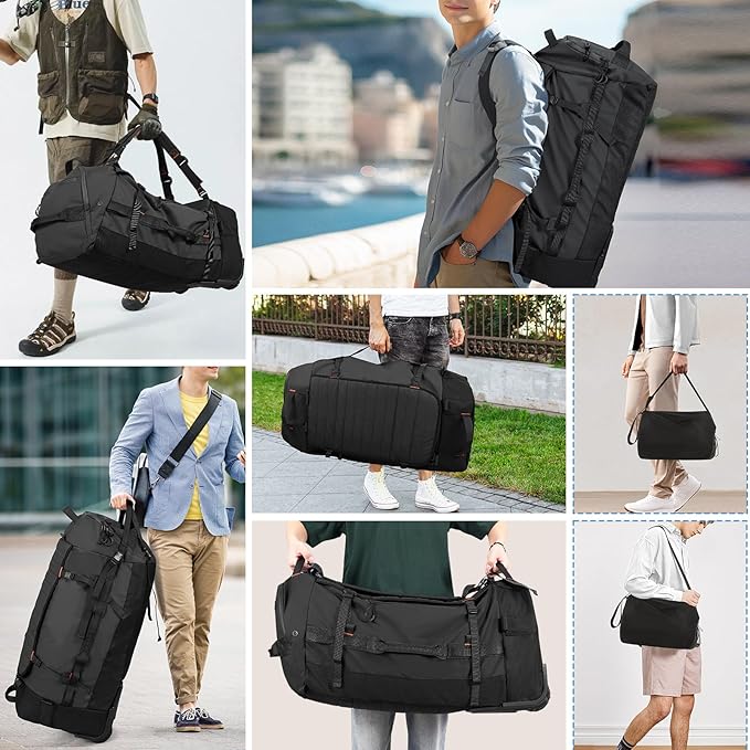 CONTAIL 86L Wheeled Duffel Bag, Soft Shell with Adjustable Web Handles, Carry On Size 29.5x14.2x12.6in, Foldable with Dual Wheels & Shoe Compartment,Black