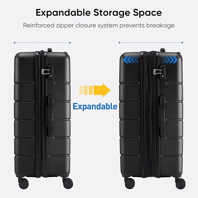 OLIXIS 3-Piece Luggage Set, 20/24/28 Inch Hardside Suitcases with Spinner Wheels, Lightweight ABS Hard Shell Travel Luggage, TSA Approved Lock, Expandable Carry-On & Checked Luggage–Black