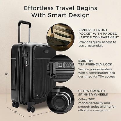 Briggs & Riley Essential 22" Carry-On Expandable Spinner - Carry On Luggage for Travel, Suitcases with Wheels, Hardside Rolling Bag for Men & Women, Front Pocket - Sympatico Collection, Black