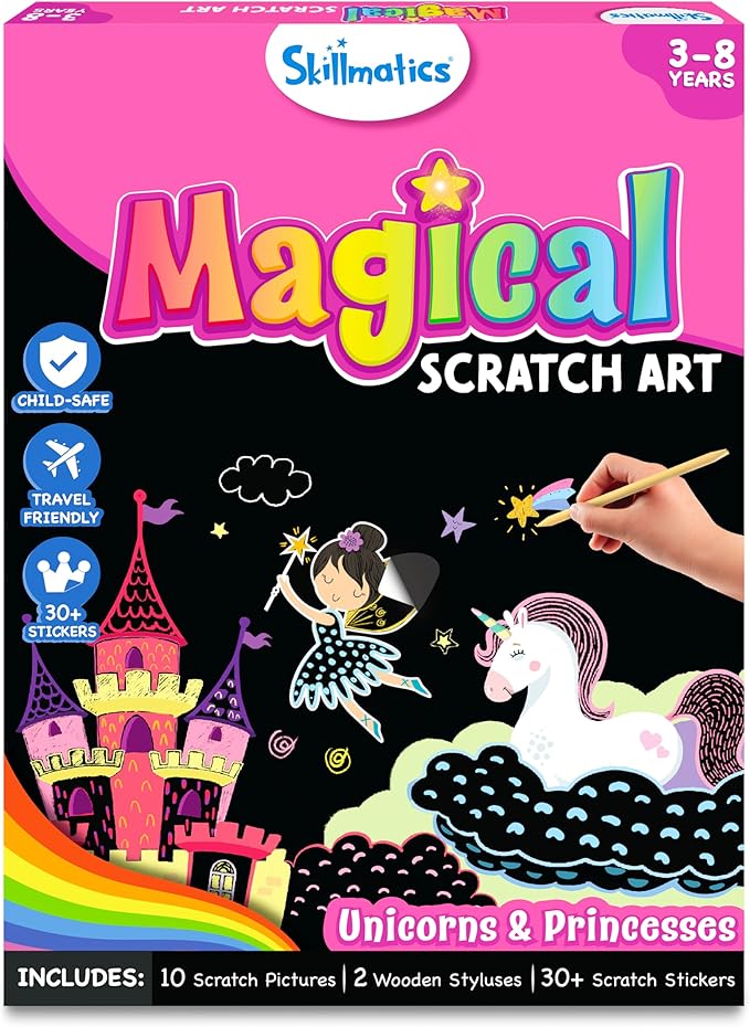 Skillmatics Scratch Art Book for Kids - Unicorns & Princesses, DIY Craft Kits, Christmas Stocking Stuffers, 30+ Scratch Stickers, Travel Toys, Gifts for Girls & Boys Ages 3, 4, 5, 6, 7, 8