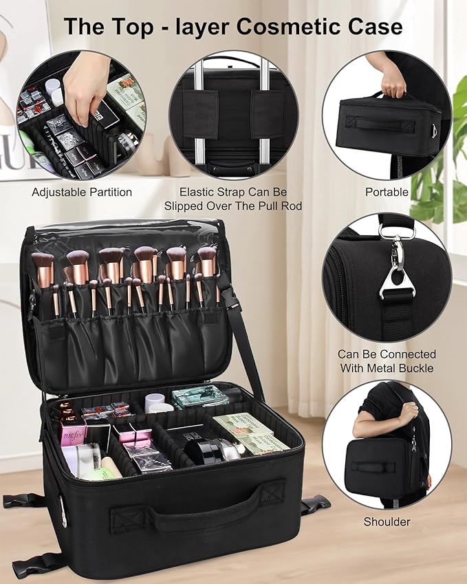 Relavel Rolling Makeup Case Professional Makeup Train Case,Makeup Artist Travel Bag with Wheels,6-in-1 Portable Travel Beauty Trolley Case for Cosmetology Storage(Black)