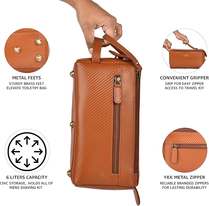 LEATHER VILLAGE Premium Carbon Fiber Genuine Leather Travel Toiletry Bag - Large Dopp Kit, Water-Resistance Bathroom Kit & Shaving Organizer for Men & Women - Tan