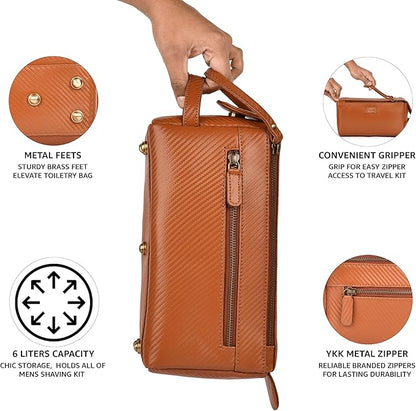 LEATHER VILLAGE Premium Carbon Fiber Genuine Leather Travel Toiletry Bag - Large Dopp Kit, Water-Resistance Bathroom Kit & Shaving Organizer for Men & Women - Tan