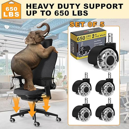 Office Chair Wheels, 2 Inch Smooth & Quiet Rolling Casters Replacement, Computer Gaming Chair Casters for All Hardwood Floors & Carpet, Smooth Safe Rubber Wheels-Set of 5, Grey