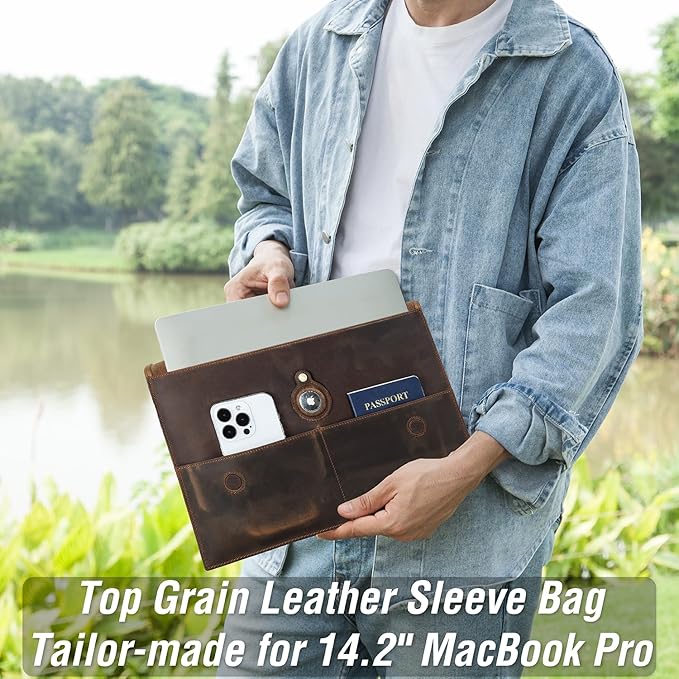 Top Grain Leather 14.2" Slim Laptop Sleeve Bag, Magnet Clasp Closure Design & 3 Pockets & AirTag Holder, Fully Handmade, Fits MacBook Pro/Air 14.2"/13.3"/Cellphone/Passport, Coffee 14.2 Inch