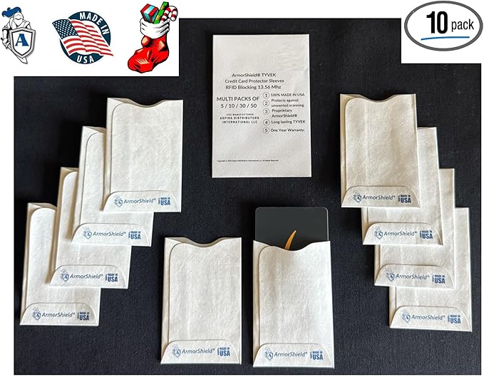 RFID Blocking Sleeves Credit Card Protector 100% MADE IN USA - Anti-theft for Travel wallet, purse. ArmorShield Your Identity (10PAK)