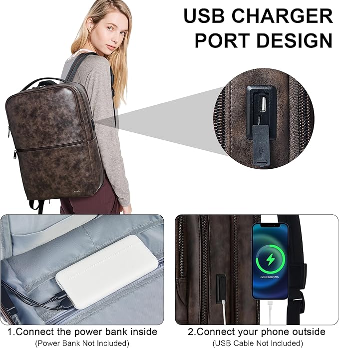 Shrrie Vegan Leather Laptop Backpack for Women&Men,16 Inch Expandable Backpack with USB Charging Port,Two-toned Coffee