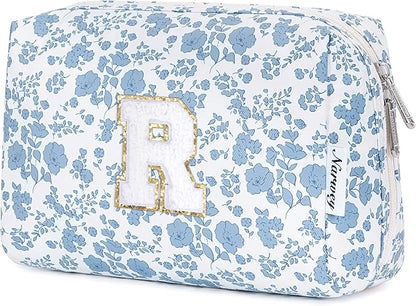 Narwey Birthday Gifts for Teen Girls Kids Women Personalized Initial Floral Makeup Bag Cute Cosmetic Trendy Stuff 6 8 10 11 12 13 14 16 18 Years Old Travel Toiletry Bag (Little Blue Flower R)