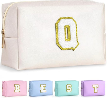 TOPEAST Initial Makeup Bag for Travel, Chenille Letter Pouch Cosmetic Bag, PU Leather Waterproof Toiletry Bag, Personalized Gifts for Bride Bridesmaids, Cute Things for Girls (White Q)
