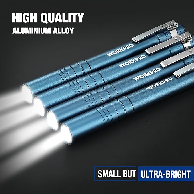 WORKPRO LED Pen Light, Aluminum Pen Flashlights, Pocket Flashlight with Clip for Inspection, Emergency, Everyday, 2AAA Batteries Included, Blue (4-Pack)
