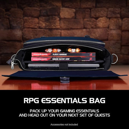 ENHANCE Collector's Edition RPG Player's Essentials DND Bag - Dragon Hide Exterior Messenger Bag Fits 2-4 Books, Binders, Dice & Accessories, with 17 inch Laptop Slot, Battlemap Straps (Dragon Blue)