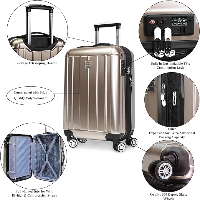World Traveler VentureX Airline Approved 20-Inch Carry-On Luggage – Lightweight Hardside Polycarbonate Suitcase with Spinner Wheels - Contour Champagne