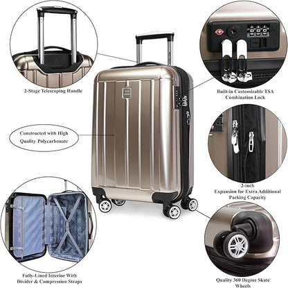 World Traveler VentureX Airline Approved 20-Inch Carry-On Luggage – Lightweight Hardside Polycarbonate Suitcase with Spinner Wheels - Contour Champagne