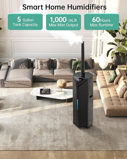 5Gal Humidifiers for Bedroom Large Room up to 2800ft², APP/Remote Control, 60H Supersized Cool Mist Humidifier with Auto 180°Mist Tube, 24H Timer, Top Fill Humidifiers for Home Office Bedroom Plants