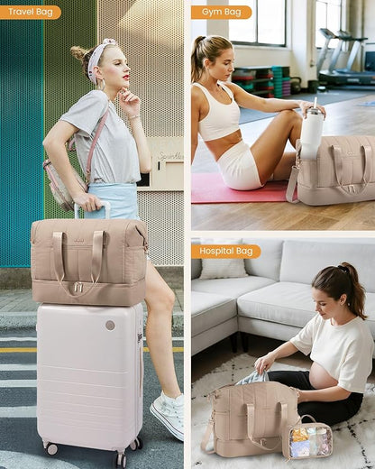 LOVEVOOK Travel Duffle Bag,Puffer Weekender Bags For Women with Shoe Compartment,42L Carry On Duffel Bags For Airplanes,Hospital Bag for Labor and Delivery,Overnight Bsg With Toiletry,2Pcs Set