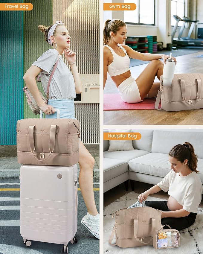 LOVEVOOK Travel Duffle Bag,Puffer Weekender Bags For Women with Shoe Compartment,70L Carry On Duffel Bags For Airplanes,Hospital Bag for Labor and Delivery,Overnight Bag,2Pcs Set
