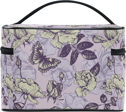 Makeup Bag, Vintage Butterfly And Flowers Travel Makeup Organizer Bag Cosmetic Cases Toiletry Bags for Girl Women Ladies