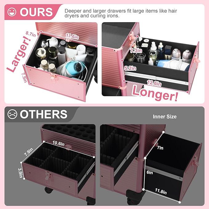 Makeup Train Case with LED Mirror, Rolling Makeup Case with Drawers, Cosmetology Case on Wheels, Gift, Travel Makeup Organizers, Profesional Cosmetic Case for Salon Barber,Nail,Tattoo, Pink