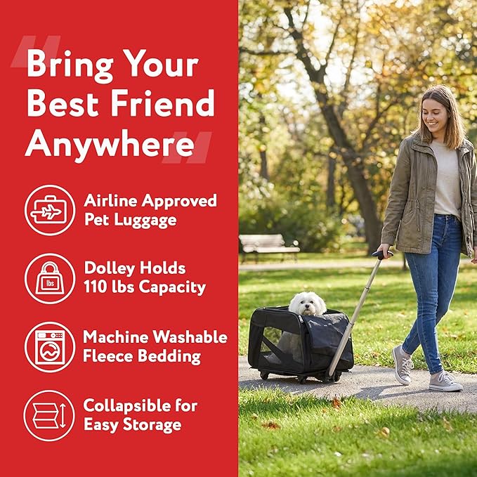 dbest products Smart Cart Pet Carrier with Wheels, Airline Approved Dog and Cat Carrier with Telescoping Handle, 21x12x12in, 24 lb Capacity, Black