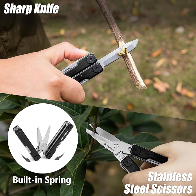 FLISSA 11-in-1 Multitool Scissors with Knife, Foldable Mini Multitool, Stainless Steel Scissors with Aluminum Handles, Spring - EDC for Camping, Hiking, Fishing, Emergency, Black
