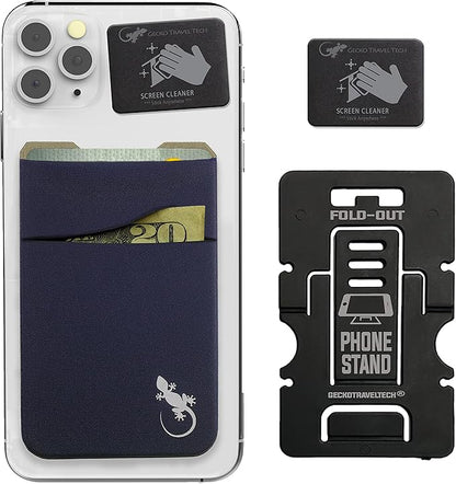 Gecko Travel Tech Double Pocket - Adhesive Card Holder - Cell Phone Pouch - Stick on Spandex Pocket - Carry Credit Cards and Cash (Navy)