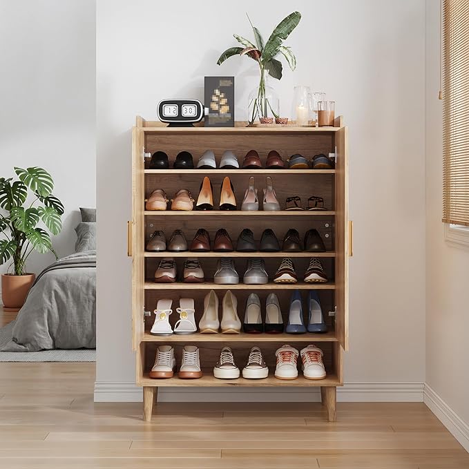 Shoe Cabinet with Doors, 6-Tier Shoe Storage Cabinet with Adjustable Shelves,Freestanding Shoes Rack Shoe Storage Organizer for Entryway, Hallway, Closet (Natural)