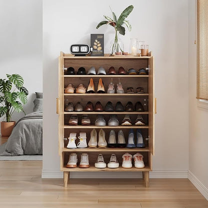 Shoe Cabinet with Doors, 6-Tier Shoe Storage Cabinet with Adjustable Shelves,Freestanding Shoes Rack Shoe Storage Organizer for Entryway, Hallway, Closet (Natural)