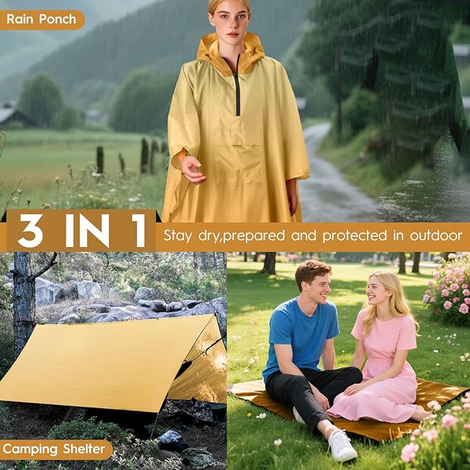 Bruvoalon 3-in-1 Rain Poncho with 1/4 Zip & Chest Pocket, Waterproof, Sunshade, Ground Mat for Adults & Youth Emergency