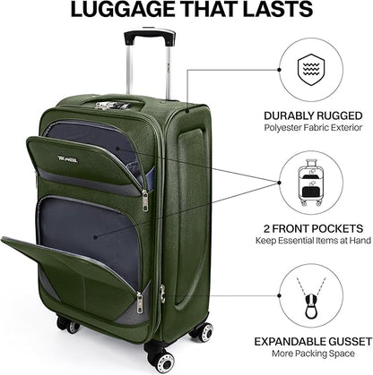 2-Piece Set Front Opening,Softside Luggage Sets w/Double Spinner Wheels Expandable Luggage,Lightweight Travel Luggage Rolling Suitcase w/LOCK（Green-Grey,20in/28in）