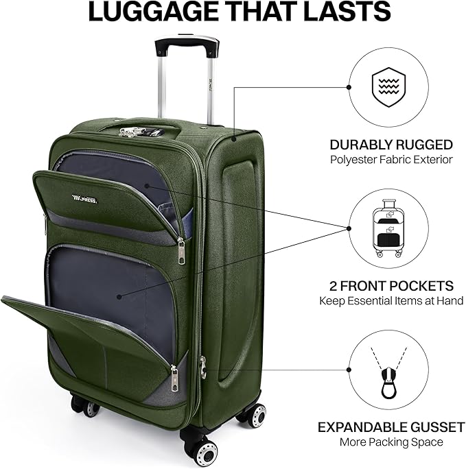 24'' Softside Expandable 15% Rolling Luggage with Double Spinner Wheels & w/LOCK,Lightweight Travel Luggage for Men Women（Green-Grey,24in）