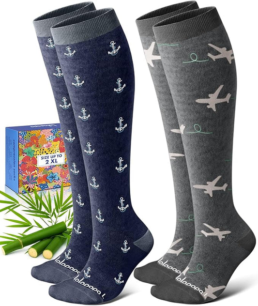 Bamboo Viscose Compression Socks for Women Men 2 Pairs 15-20mmHg Knee High Compression Socks Travel Nurse