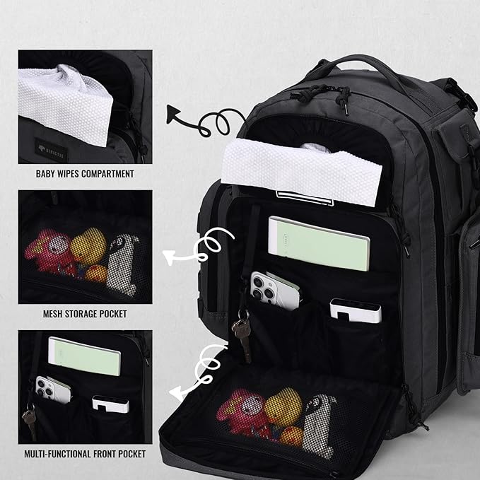 Dad Diaper Bag, Mens Diaper Bag Backpack with Diaper Changing Mat, Military Diaper Backpack with Molle Webbing, Waterproof Pouch, Baby Wipes pocket, Insulated Bottle Pockets- Tropical Black