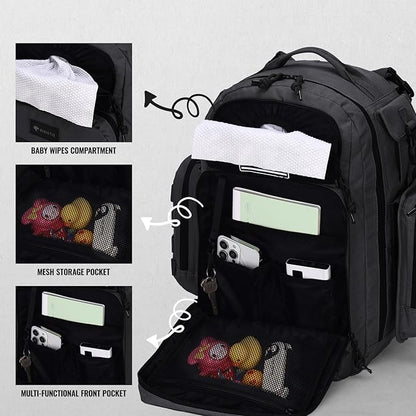 Dad Diaper Bag, Mens Diaper Bag Backpack with Diaper Changing Mat, Military Diaper Backpack with Molle Webbing, Waterproof Pouch, Baby Wipes pocket, Insulated Bottle Pockets- Tropical Black