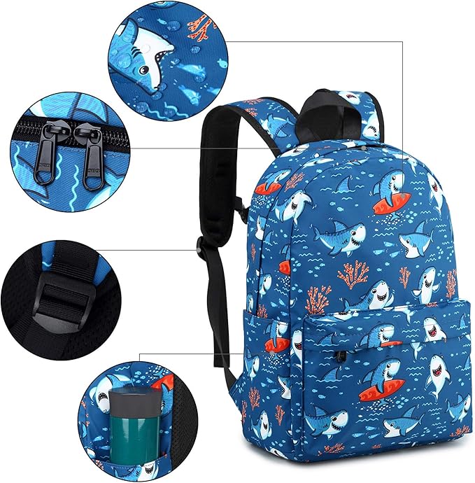 CAMTOP Backpack for Kids, Boys Preschool Backpack with Lunch Box Toddler Kindergarten Shark School Bookbag Set (Y028-2 Shark-Navy Blue)