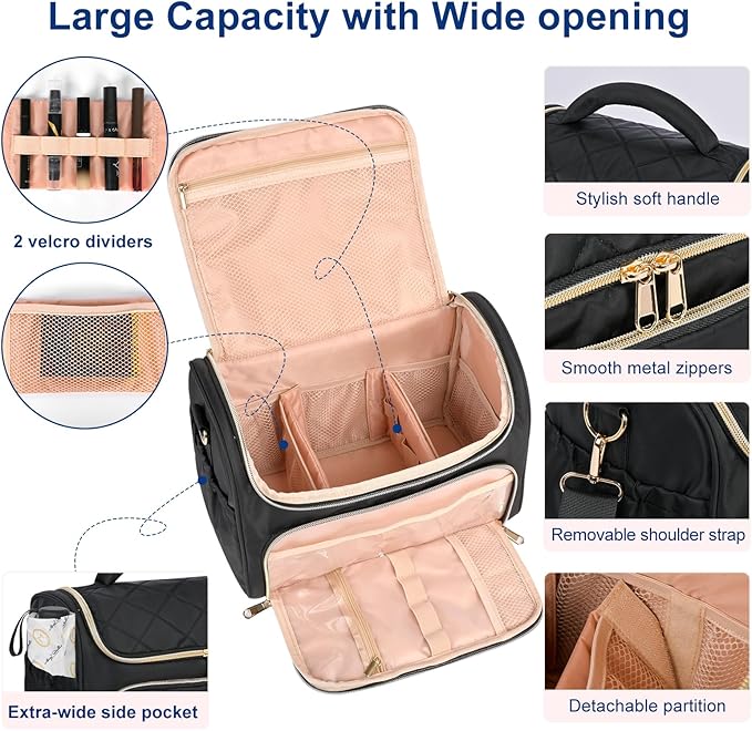 Travel Toiletry Bag Large Cosmetic Makeup Bag Organizer for Women,Wide-open Make Up Bag Waterproof Makeup Case Travel Bag with Handle and Dividers for Toiletries,Essentials,Accessories,Black