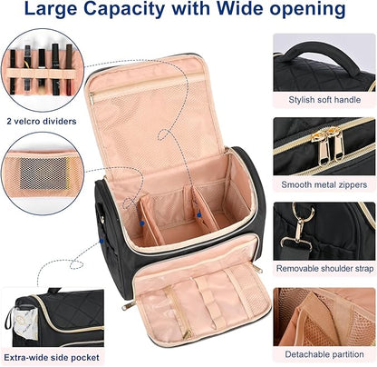 Travel Toiletry Bag Large Cosmetic Makeup Bag Organizer for Women,Wide-open Make Up Bag Waterproof Makeup Case Travel Bag with Handle and Dividers for Toiletries,Essentials,Accessories,Black