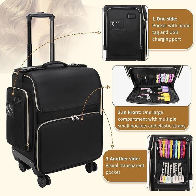 OCHEAL Hairstylist Traveling Case with a Large Makeup Travel Case with side Pocket for Hairstylist, Hairdresser Bag with Detachable Pouch,360° Rotatable Wheelsfor Hairdressing Tool Organizer