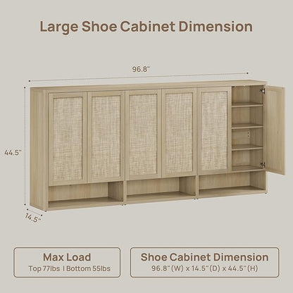 SICOTAS Rattan Shoe Storage Cabinet - Modular Shoe Cabinets with Door Tall Large Shoe Cabinet Storage for Entryway - 96.8" Wide Modular Cabinet for Hallway, Living Room
