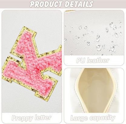 Initial Makeup Bag Personalized Preppy Travel Small Cosmetic Bag Cute PU White Chenille Letter Makeup Pouch for Purse Waterproof Zippered Toiletry Organizer for Women Girls Kids Friends (K)