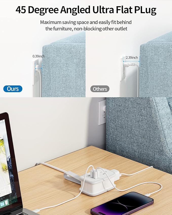 Travel Power Strip with USB Ports, NTONPOWER 2 Widely Outlets 3 USB with 3FT Short Extension Cord Flat Plug, Mini Power Strip Flat Plug, Portable Small Size for Travel Cruise Essentials, White