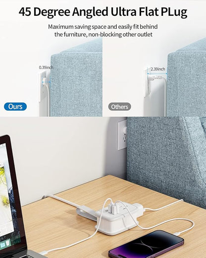 Travel Power Strip with USB Ports, NTONPOWER 2 Widely Outlets 3 USB with 3FT Short Extension Cord Flat Plug, Mini Power Strip Flat Plug, Portable Small Size for Travel Cruise Essentials, White