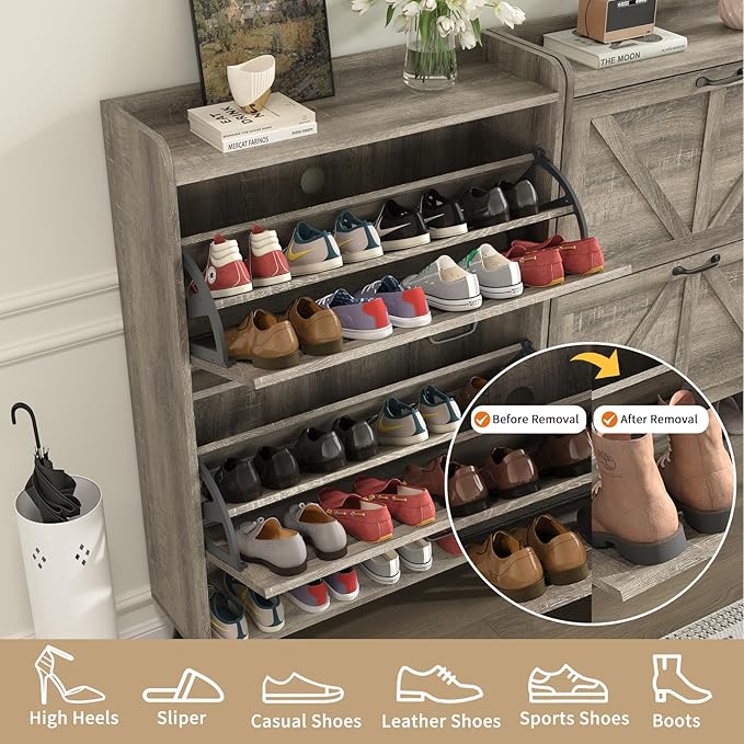 Shoe Storage Cabinet with 2 Flip Drawers, Hidden Shoe Cabinet Storage for Entryway Slim, Farmhouse Shoe Organizer with Wood Legs, Narrow Shoe Rack Cabinet, Washed Gray