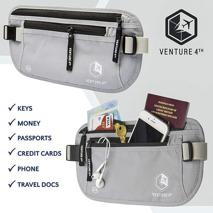 VENTURE 4TH Money Belt for Travel – Hidden Under-Clothes RFID Blocking Passport Holder & Slim Travel Wallet Pouch for Men & Women to Protect Cash, Cards & Documents (Silver)