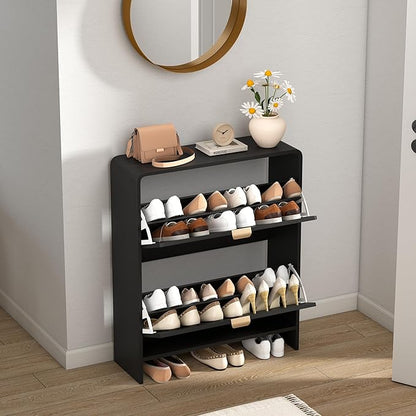 Modern Slim Shoe Storage Cabinet with 2 Flip Drawer Arched Fluted Pattern, Mid-Century Hidden Narrow Curved Corner Shoe Organizer for Entryway,Living Room (Black,with Divider)