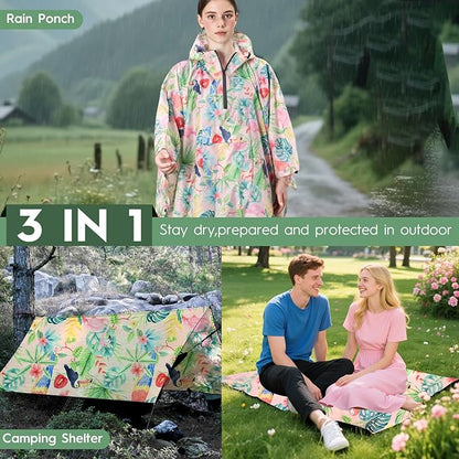 Bruvoalon 3-in-1 Rain Poncho with 1/4 Zip & Chest Pocket, Waterproof, Sunshade, Ground Mat for Adults & Youth Emergency