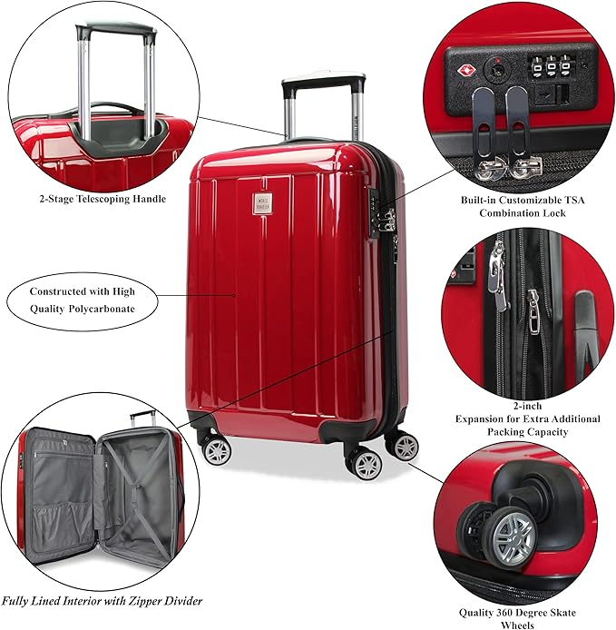 World Traveler Contour 20-Inch Carry-On Polycarbonate Hardside Expandable Spinner Luggage with TSA Lock - Red