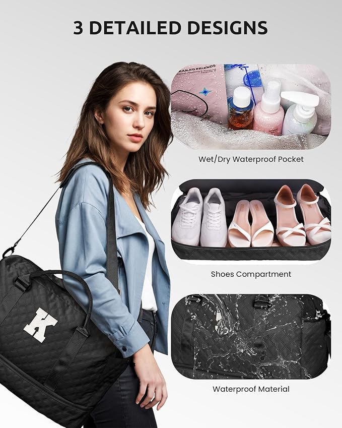 Teen Girl Gifts Trendy Stuff - Personalized Initial Duffle Bag with Shoe Compartment, Letter Travel Bag, Purple, 12x7x2 inches