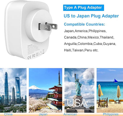 Type A Plug Travel Adapter,2 Packs Japan Plug Adapter, International Plug Travel Converter with 4 USB Ports and 1 American Outlet, US Socket to Philippine China Taiwan Travel essentials.